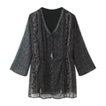 Damen V-Ausschnitt Print-Kleid mit Metallfaden und Quasten-Kordelzug in Dunkelgrau - S / Dunkelgrau Druck