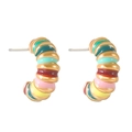 Rainbow enamel C-shaped hoop earrings with colorful stripes and gold-tone base - Rainbow Striped C-shape Earrings / Multicolor/Gold