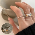 Silver irregular wave open ring with colorful star and dot patterns for women - JZ6967 Silver Colorful Star Wave Ring
