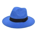 Stylish blue woven straw Fedora hat with black ribbon band for summer beach sun protection - Sapphire Blue