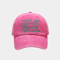 Detail of rose pink washed cotton baseball cap with green floral and text embroidery - Adjustable / Rose Red