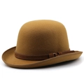 Cappello a bombetta classico in lana caramello con corona ovale e cinturino in pelle e fibbia - M(56-60CM) Regolabile / Cachi