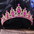 Luxurious gold leaf bridal crown with pink crystals and rhinestones for weddings - KC Gold White Diamond + Rose Red Diamond