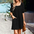Elegante abito corto nero con scollo quadrato, maniche a sbuffo e ricami - Taglia S / Nero