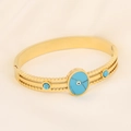 Detailed close-up of golden stainless steel evil eye bracelet with blue stones on silk - Blue Vein Stone Evil Eye Style (1#)