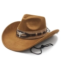 Bruine suède western cowboyhoed met brede rand, vintage stierenkop en verstelbaar koord - M (56-58cm) / Khaki