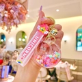 Pink unicorn moon quicksand keychain with stars and rabbit, liquid glitter keyring - Pink Colorful Bead Star Moon Rabbit