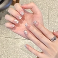 Uñas postizas ojo de gato plateadas con perlas, diamantes y detalles de conchas - Extra Pequeño (XS) / Trapezoide Súper Corto (2115)