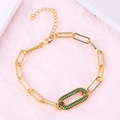 Gold plated paperclip bracelet featuring a green zircon oval link with lobster clasp - Oval Green Zirconia Bracelet