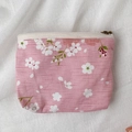 Mini pink fabric coin purse with white cherry blossom print and bronze metal zipper - Pink Cherry Blossom
