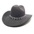 Détail d'un chapeau de cow-boy gris foncé en laine avec une bande de cœurs strass - M(56-58cm) / Gris