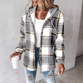Detail of grey and white plaid hooded jacket for women showing texture and button design - S / Tops / Light Gray Plaid 4