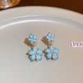 Elegante dubbellaagse blauwe emaille bloemoorbellen met vergulde randen op keramiek bord - Blauwe Dubbellaagse Bloem (62# Silver Earring Post)