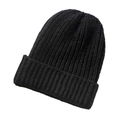 Classic black knitted beanie hat with fold-over cuff design for winter style - Black