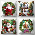 Set of four Christmas pillow covers featuring Santa Claus, snowman, and holiday wreaths - Santa & Snowman