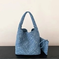 Blue denim weave tote and matching pouch set with a stylish woven texture - With Woven Liner / Blue Snowflake
