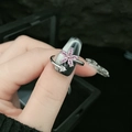 Silver open ring with pink marquise zircon flower and clear crystal accents - Style 1-Pink Zirconia Flower