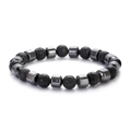 Men's 8mm beaded bracelet featuring volcanic lava stones and metallic hematite cylinders - Lava Rock with Bone Shaped Spacer