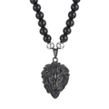 Men's retro lion head pendant necklace with 8mm black onyx beads and stainless steel - Black Necklace (KN230959-JX)