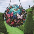 Round butterfly suncatcher with pink roses and metal chain for garden wall decor - Butterfly and Rose