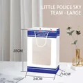 Large white gift bag with blue stripes, transparent window and carrying handles - Little Police Team Style / Large (35x24x14cm)