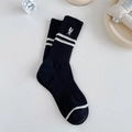 Black ribbed crew socks featuring white stripes and a cute cartoon rabbit embroidery - One Size / Double Striped Black
