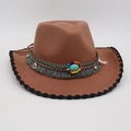 Brown wool felt cowboy hat with turquoise ethnic band and tassels for bohemian style - One Size / Khaki Black Edge