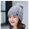 Light gray knitted winter hat with matching faux fur pompom and letter B detail - Hat Only / Gray