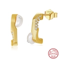 Elegant gold S925 sterling silver stud earrings with white pearls and small crystals - 5-6mm Pearl (1.86g)