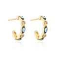 18K gold plated C-shaped evil eye hoop earrings with blue enamel and zircon stones - Blue (42725)