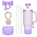 Purple Stanley cup accessory set with diamond straw cap, butterfly chain, and silicone boot - Dark Violet