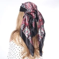 Black satin square scarf with red and white floral print styled on a model head - 90*90cm / Black Red