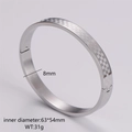 Detail shot of 8mm silver stainless steel checkerboard bangle with size and weight specs - Men's Steel Color