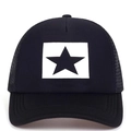 Classic black and white trucker hat with star patch and breathable mesh back - One Size / Black (White Logo)