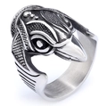 Vintage stainless steel raven head ring with Nordic 3D embossed gothic feather details - US 7 / Antique Silver