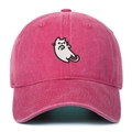 Close-up of pink washed cotton baseball cap with white cartoon cat embroidery detail - Rose Red