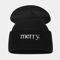 Classic black knitted beanie hat with white merry embroidery for men and women - One Size / Black