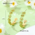 Golden titanium steel hoop earrings with green daisy flower enamel pendant charms - Light Green Earrings