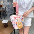 Cute canvas bucket bag with cartoon bear print and pink handles for women - Lovable Pets Party