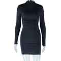 Detail of black mini dress featuring a turtleneck and waist ruching on a white background - S / Black