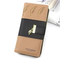Brown and black bicolor leather long wallet with hollow leaf design and gold leaf charm - Apricot