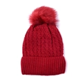 Chunky red knit beanie with faux fur pom-pom and thick cable texture for winter warmth - Red
