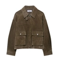 Chaqueta de ante marrón para mujer con cuello de solapa y bolsillos grandes - XS / Verde oliva