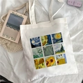 White canvas Van Gogh grid painting tote bag styled on white linen with artistic props - Van Gogh Works Nine-Grid