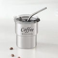 Silver stainless steel coffee cup with metal straw and printed americno icedcoffee text - Cup + Lid + Straw / Steel Color