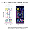 Neon floral arm tattoo sticker CS-019 showing normal and UV glowing effects - Fluorescent CS-019