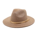 Elegant wide brim brown straw panama hat with a stylish gold leather band decoration - M (56-58cm) / Dusky Pink