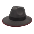 Detail of grey felt fedora featuring black ribbon and deep red contrast edge binding - M (56-58cm) / Dark Gray