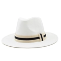 Close-up of the woven texture and black striped ribbon on white straw fedora beach hat - M(56-58cm) / Pure White