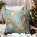 Blue and champagne Christmas pillow cover with moon and floral watercolor illustration - TQDS68-29(Dreamy Moon & Scrolls)